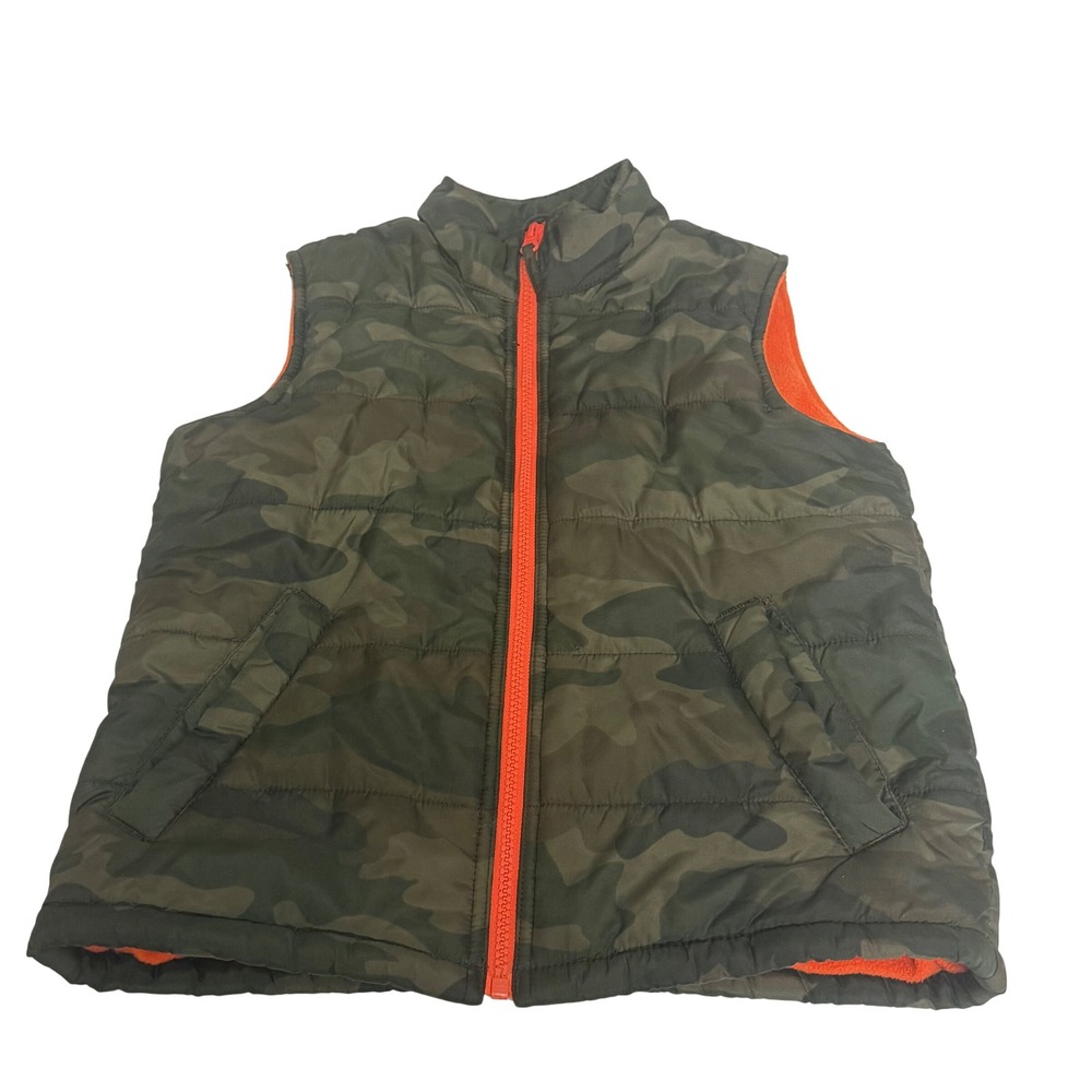 The Childrens Place Boys Camo Puffer Vest Green Orange Fleece Lined XS 4 Zip Up